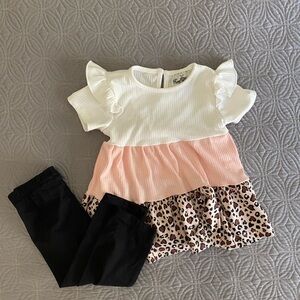 Adorable White and Pink Ruffle Top with Leopard Skirt and Black Leggings